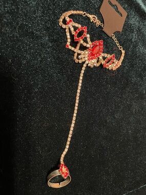 Silver-Tone Red Crystal Hand Chain Bracelet with Ring